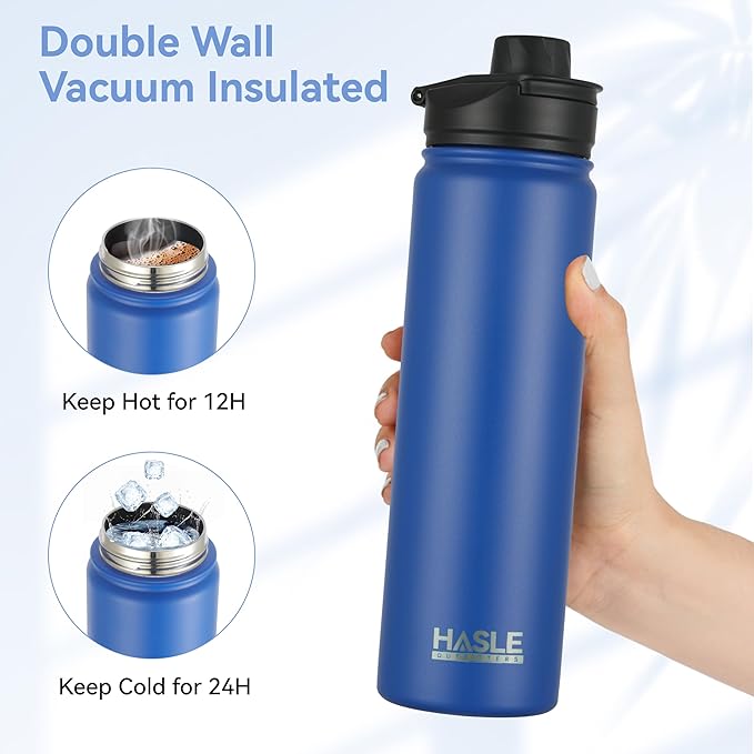 HASLE OUTFITTERS Insulated Water Bottle 22 oz Double Wall Stainless Steel Water Bottle Wide Mouth with Straw Lid & Spout Lid Keeps Cold or Hot(Royal Blue,1)