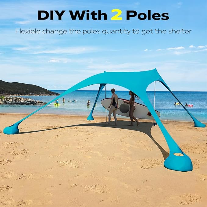 Beach Tent Sun Shelter 10 x 10ft, with 4 Aluminum Poles, Includes Sand Shovel, Ground Pegs and Carry Bag, Outdoor Pop Up Beach Shade Canopy for Camping, Fishing, Backyard Fun or Picnics