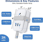 Travel Charger for Multiple Devices, Flat Plug Power Strip 3ft Adapter Extension Cord, 3 AC Outlets, 2 USB & 1 Fast Charging USB-C, No Surge Cruise Approved, Portable Power Strip