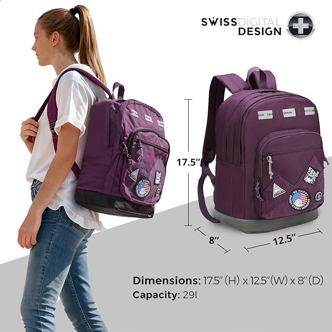 Swissdigital Design Big Student Laptop Backpack with Fun Personalized Patches For College Boy & Girl, Middle High School Teen Bookbag Cool Travel Daypack Purple - Includes 3 Patches | SD1718-51
