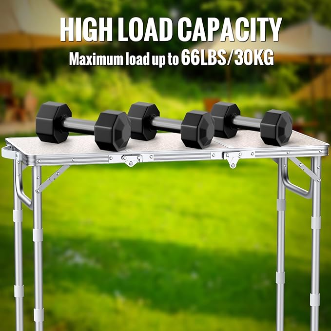 GARLLEN Folding Camping Table, 3 Adjustable Height Portable Folding Picnic Table with Storage Bag, Lightweight Aluminum Outdoor Table for Picnic, Camping, BBQ, 34.2" L x 15.7" W, Silver