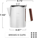 COLETTI Bozeman Super Bundle — Camping Coffee Pot, 2x Glass Globes, 100-Pack of Natural Filters — Camping's Best Percolator – Pure Stainless Steel [9 Cup Bundle]