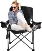 SUNNYFEEL Oversized Folding Camping Chair 500 LBS Heavy Duty Lawn Chairs with Black Portable Folding with Armrest, Cup Holder, Pocket ＆Bag for Outdoor Camping/Beach/Travel/Picnic/Fishing