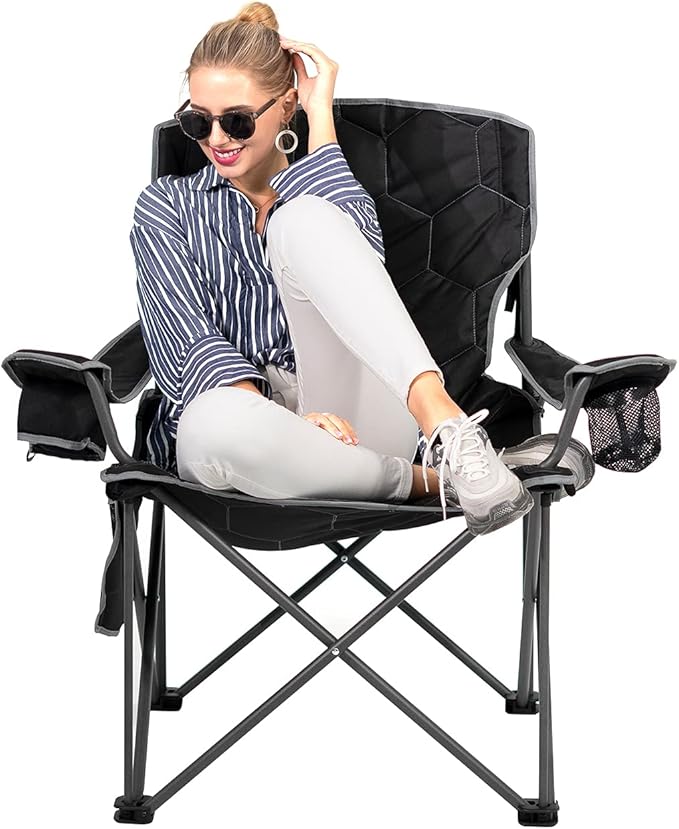 SUNNYFEEL Oversized Folding Camping Chair 500 LBS Heavy Duty Lawn Chairs with Black Portable Folding with Armrest, Cup Holder, Pocket ＆Bag for Outdoor Camping/Beach/Travel/Picnic/Fishing