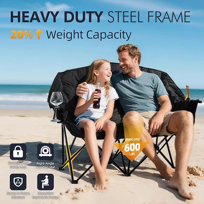Double Camping Chair Padded Loveseat Chair for 2 Person - Heavy Duty Oversized Camping Couch for Adults Outdoor Sports Lawn Beach Portable Folding XL Chairs with Cup Holders and Carry Bag, All Black