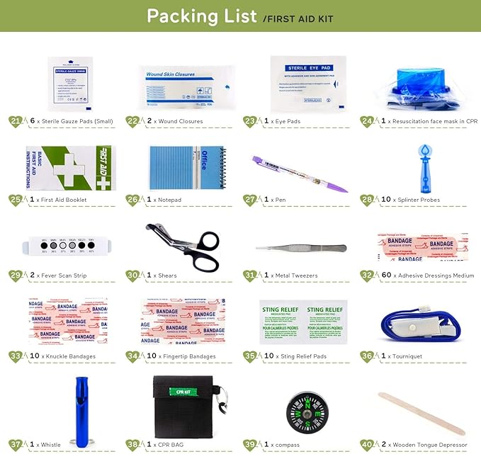 255PCs Compact First Aid Kit Emergency Survival Trauma Kit Medical Kit with Labeled Compartments for Boat Car Camping Hiking Travel & Backpacking