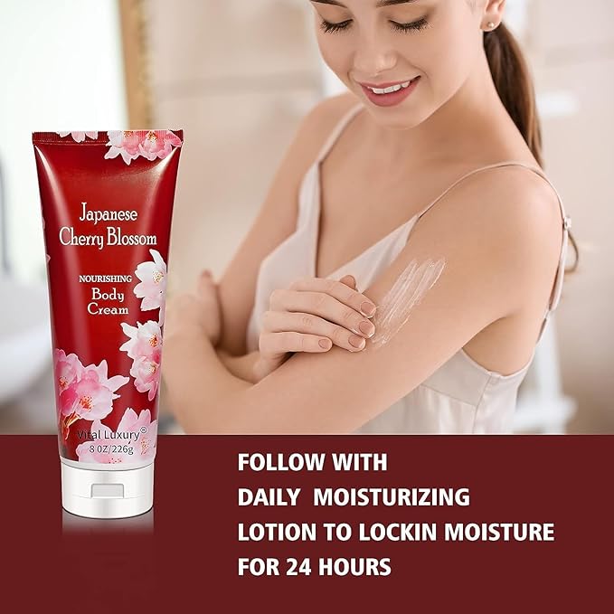 Japanese Cherry Blossom Bath and Body Set Shower Gel and Body Cream - Nourishing and Moisturizing Daily Skincare - 8 fl.oz / 236mL Each, Birthday Anniversary Wedding Gifts for Her and Him