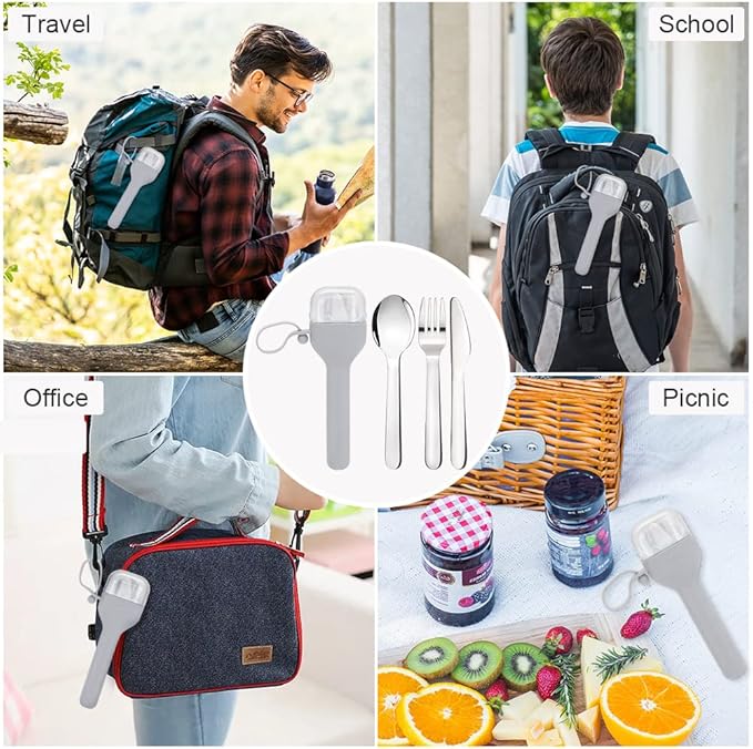 Sophico Travel Utensils Set for Camping and Kids Lunch Box, Stainless Steel Fork and Spoon, Knife Silverware Flatware Sets with Silicone Case - Portable & Leak-proof, Dishwasher Safe (Grey, 1 Set)