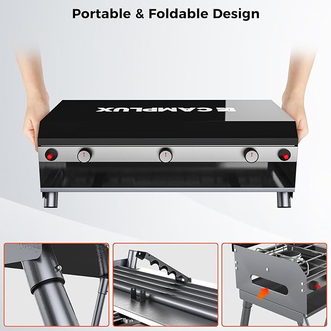 CAMPLUX 2 Burners & 1 Grill Propane Camping Stove, 15,000 BTU Portable Outdoor Propane Camping Grill Burner with Free Standing Legs, Auto-Ignition Gas Stove with Regulator, Black