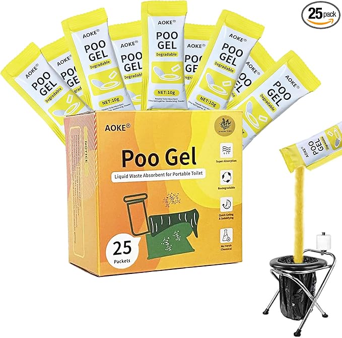 AOKE Portable Toilet Powder, 25 Pack Poo Gel Lavender scent for Camping Eco Absorbent Gel Liquid Waste Gelling and Deodorizing Powder, Emergency Toilet Waste Treatment for Outdoor Camping Hiking