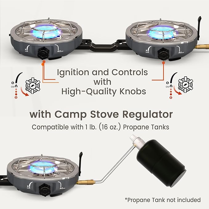 20,000 BTUs 2 Burner Propane Camping Stove, Portable Folding Camp Stove with Adjustable Burners, Built-in Ignition and Carrying Bag, Dual Gas Stoves for Tailgating, Camping, BBQ Overland Grey