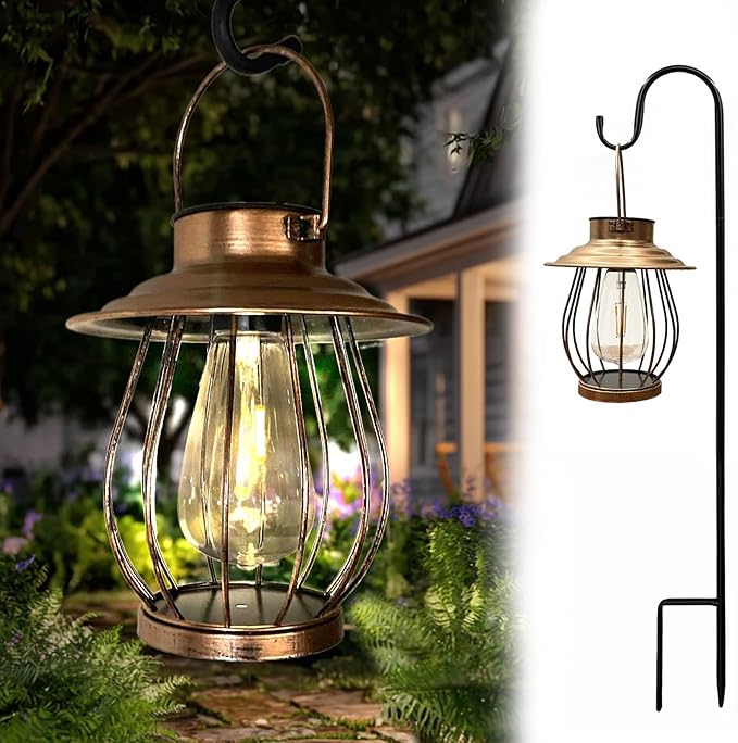 Solar Lanterns Outdoor Waterproof - Outdoor Hanging Lantern with Shepherds Hook, Christmas Halloween Housewarming Gifts for Women Mom Grandma, Lanterns Decorative Outdoor for Yard Patio Backyard Porch