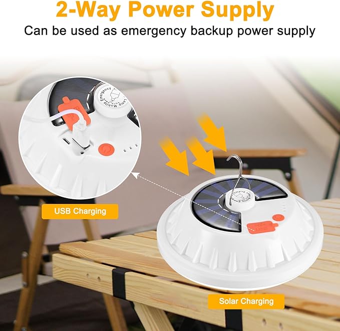 2-Pack Portable Rechargeable Camping Lights, Tent Lights LED Lantern Power Solar Battery Powered, 5 Lighting Modes, IP65 Waterproof Flashlight for Hiking/Emergency/Night