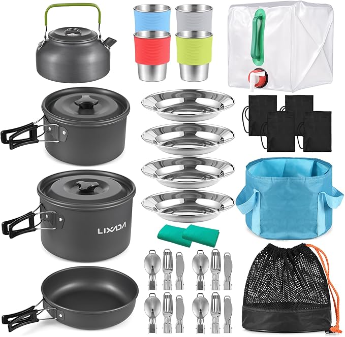 Lixada 33PCS Camping Cookware Kit Cookware Mess Kit Outdoor Cooking Utensils Kit with Tableware Collapsible Bowl Pan for Family Hiking Travel Picnic Fork