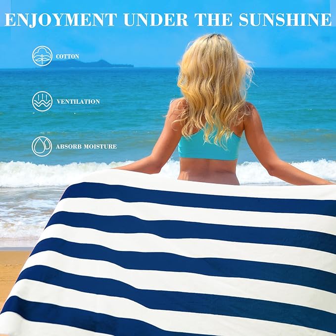 Exclusivo Mezcla 2 Pack Cotton Oversized 35x70 Inches Cabana Stripe Beach Towels, Super Absorbent Soft Plush Pool Bath Towel (Dark Navy)