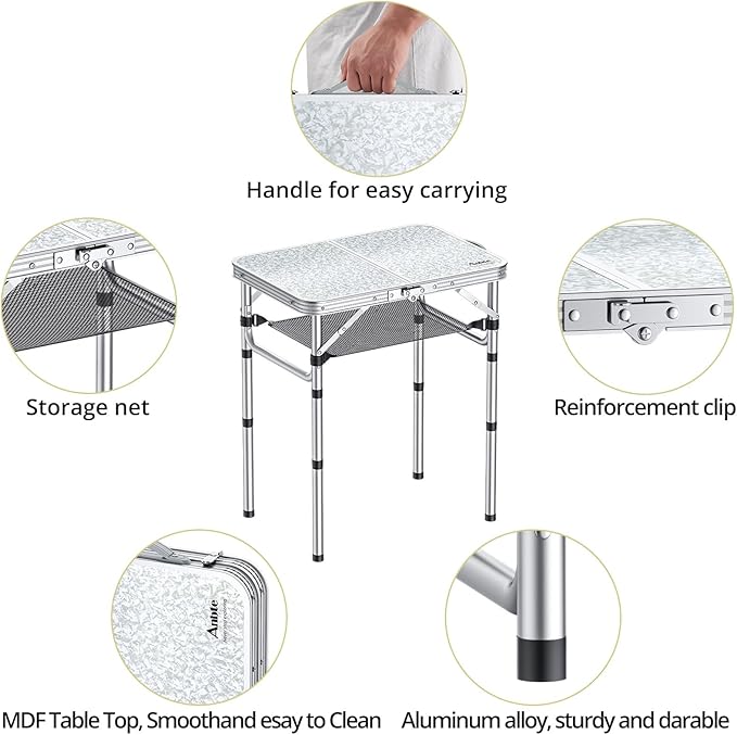 2ft Camping Table Foldable, 3 Adjustable Heights 26.3" Aluminum Small Folding Table with Storage Net, Lightweight, Portable Handle for Travel Outdoor Beach Picnic, 23.2" x 16", Silver