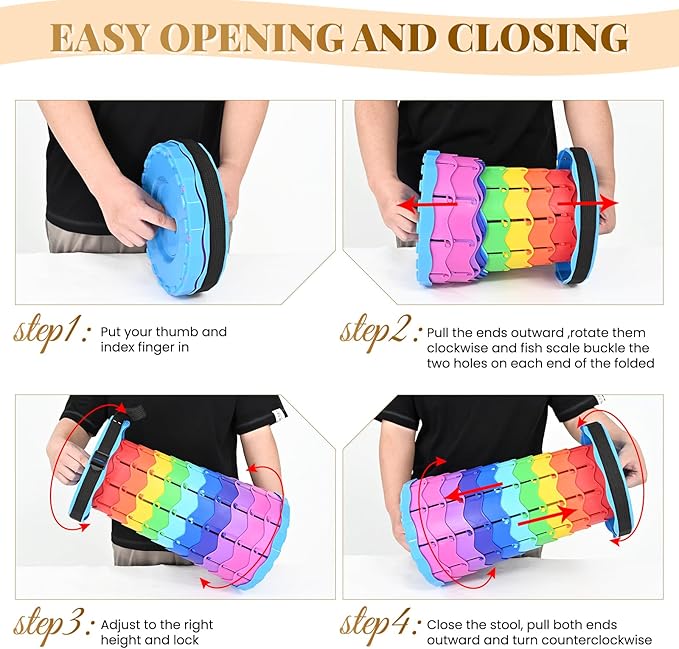 2 Pack Upgraded Collapsible Stool Folding Stool with Cushion,Retractable Folding Stool Max Load Capacity 400lbs, Portable Telescoping Stools for Camping Hiking Outdoor BBQ Fishing-Rainbow