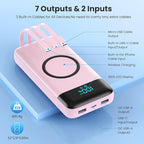 Wireless Portable Charger 40800mAh for iPhone with 3 Built-in Cables,7-in-1 15W Wireless Charging USB C Power Bank,LCD Display 25W PD QC 4.0 Fast Charging Battery Pack for iPhone 16/15/14/13/12-Pink
