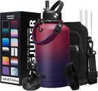 64OZ Vacuum Insulated Water Bottle - Keep Hot Cold Vacuum Flasks with Straw & Spout Lids, Paracord Handle, Water Bottler Carrier Holder & Protective Cup Mat, 1.8L Stainless Steel Water Jug