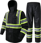 JKSafety Hi-Vis Reflective Safety Rain Jacket and Pants for Men Women Waterproof Rain Gears for Farming Fishing Work HV Rain Suit with Inner Mesh Lining and Pockets (117-Black XXL)