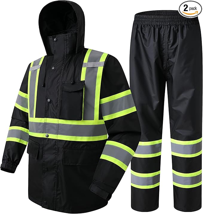 JKSafety Hi-Vis Reflective Safety Rain Jacket and Pants for Men Women Waterproof Rain Gears for Farming Fishing Work HV Rain Suit with Inner Mesh Lining and Pockets (117-Black L)