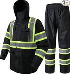 JKSafety Hi-Vis Reflective Safety Rain Jacket and Pants for Men Women Waterproof Rain Gears for Farming Fishing Work HV Rain Suit with Inner Mesh Lining and Pockets (117-Black L)