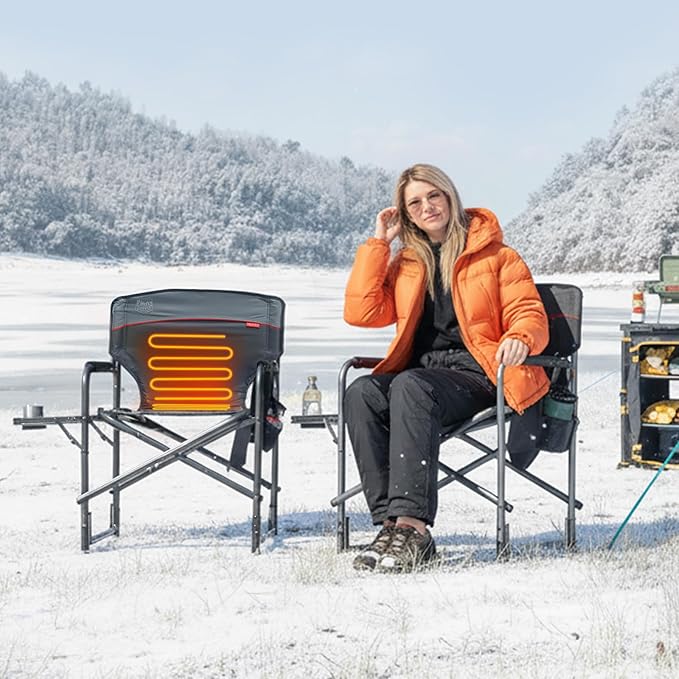 TIMBER RIDGE Heated Aluminum Oversized Camping Chair, Lightweight Portable Directors Chair with Side Table Detachable Side Pocket for Outdoor Camping, Lawn, Picnic, Support 400lbs Gray