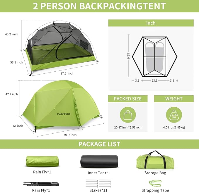 2 Person Backpacking Tent 3 Season Camping Tent Ultralight Waterproof Windproof Easy Set Up for Outdoor Hiking Cycling
