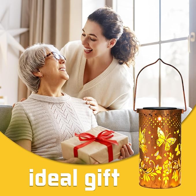 2 Pack Butterfly Birthday Gifts for Women Mom Grandma Solar Lanterns Outdoor Waterproof Garden Decor Metal Hanging LED Decorative Light for Patio Yard Lawn Backyard Front Porch Gardening Gifts