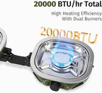 Propane Camping Stove 20,000 BTU - Portable 2 Burner Gas Stove with Adjustable Flame Control, Piezo Ignition, Carry Bag & Propane Adapter Hose, Folding Design for Camp, BBQ, Tailgating, Green