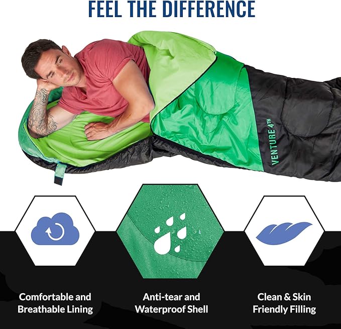 VENTURE 4TH Backpacking Sleeping Bag – XXL, Double and Single Sizes - Lightweight Warm & Cold Weather Sleeping Bags for Adults, Kids & Couples – Ideal for Hiking, Camping & Outdoor Adventures