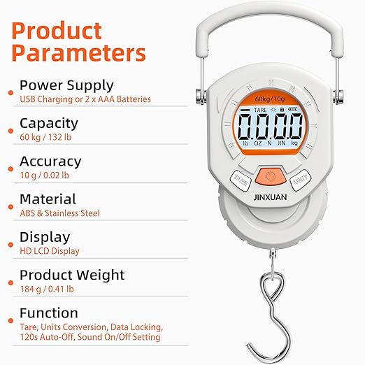 Fishing Scale 132lb/60kg Luggage Scale Digital Fish Scale with Backlit LCD Display, Fish Weight Scale Luggage Weight Scale Hanging Scale with 4 Units USB Cord, Fishing Accessories Fishing Gift
