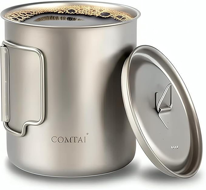 Titanium Pot, 750ml/26 oz Mug with Lid and Foldable Handle, Titanium Cup Backpacking Cookware for Outdoor Hiking Camping Cooking