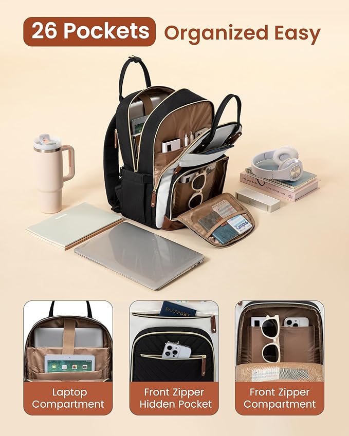 LOVEVOOK Laptop Backpack Women with Giant Tumbler Holder,17 inch Waterproof Work Travel Backpack Computer Laptop Bag,Cute College Nurse Teacher Backpack Purse,Gifts for Women & Men,Beige-Black-Brown