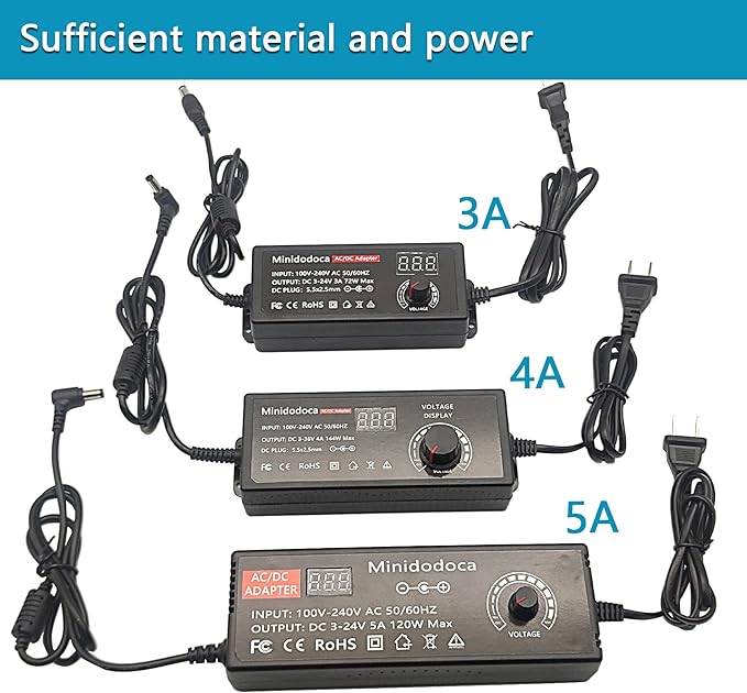 72W Power Supply Adjustable 3V ~ 24V Variable Universal Switching AC/DC Adapter Minidodoca AC to DC Converter with LED Voltage Display and 16 Tips, for 3V to 24V Household Electronics - 3000mA Max