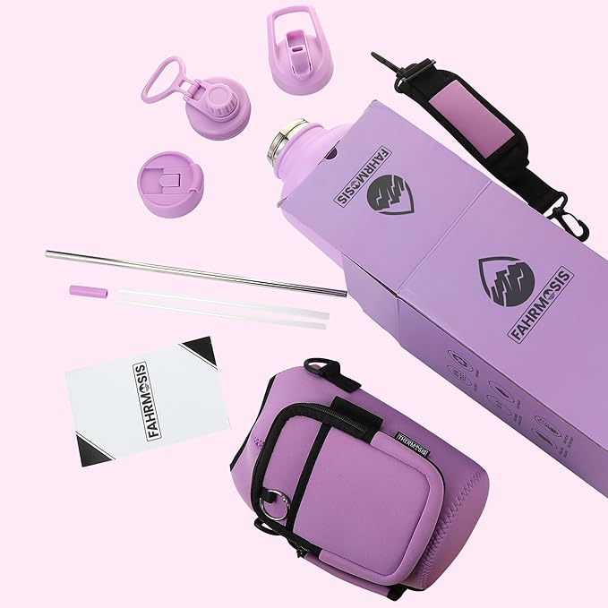 64 Oz Insulated Water Bottle with Strap Stainless Steel Sports Water Bottle with 3 Lids (Straw, Chug and Flip Lid) Leak Proof Metal Half Gallon Jug for Men & Women - Lavender