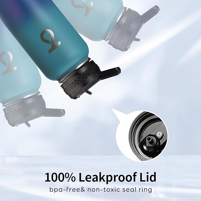 Trebo 40oz Water Bottle Insulated with Lid and Straw,Double Wall Vacuum Stainless Steel Tumbler Sports Flask with Paracord Handle, Keep Hot 24 Hours & Cold 48 Hours Water Jug with 3 Lids, Cyan Blue