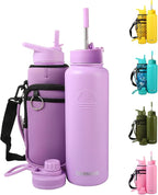 40 Oz Water Bottle with Strap Stainless Steel Sports Water Bottle with 3 Lids (Straw, Chug and Flip Lid) Insulated Leak Proof Metal Jug for Men & Women - Lavender