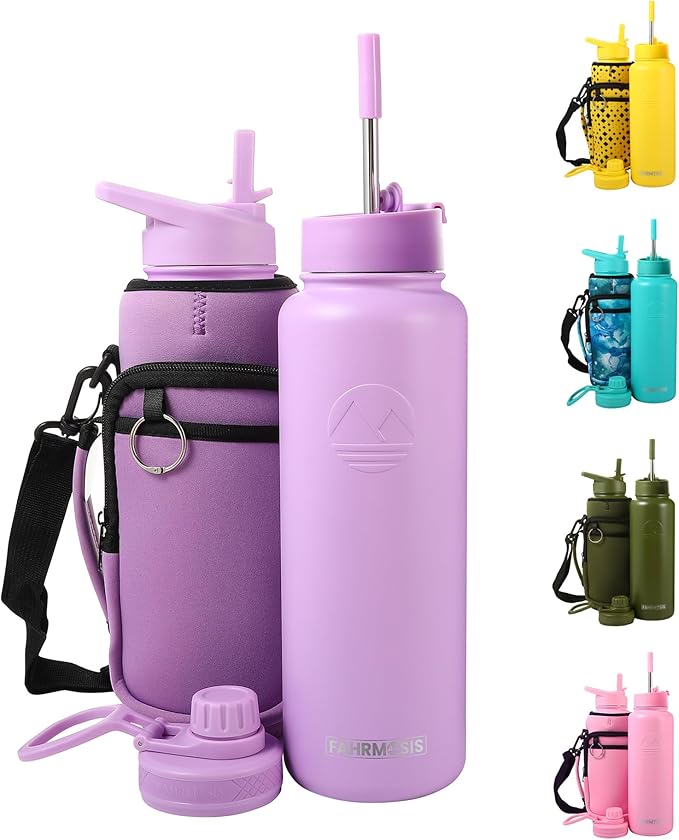 40 Oz Water Bottle with Strap Stainless Steel Sports Water Bottle with 3 Lids (Straw, Chug and Flip Lid) Insulated Leak Proof Metal Jug for Men & Women - Lavender