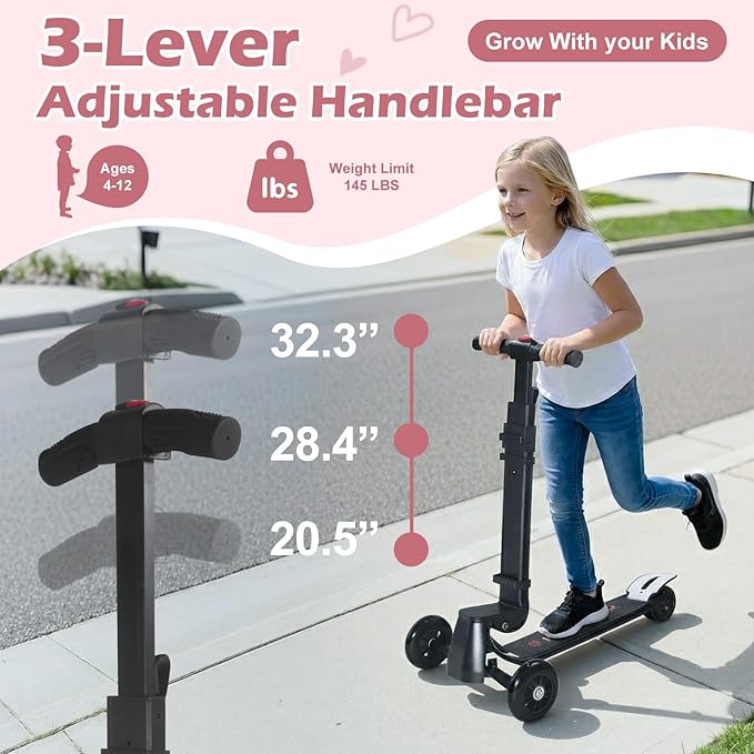 Scooter Luggage for Kids Scooter Suitcase for Ages 4-12, 4 in 1 Kids Luggage Boarding Suitcase Detachable & Foldable Scooter Travel Trolley Ride On Luggage-Pink