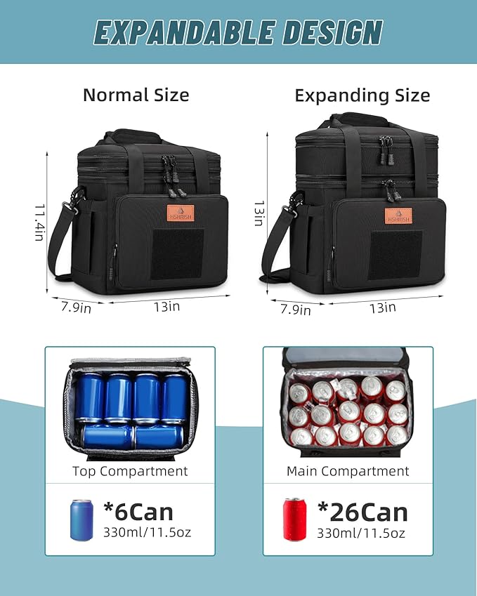 HSHRISH Xlarge Expandable Tactical Lunch Box for Adults, Durable Leakproof Insulated Lunch Cooler Bag for Men Work Office Outdoor Picnic Trips Camping, 36 Cans/22 L, Black