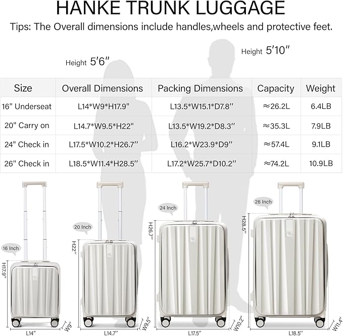 Hanke 16 Inch Underseat Carry On Luggage with Wheels,Small Hard Shell Suitcases for Weekender,Top Opening Lightweight Travel Luggage Suitcase for Womem Men,Ivory White.