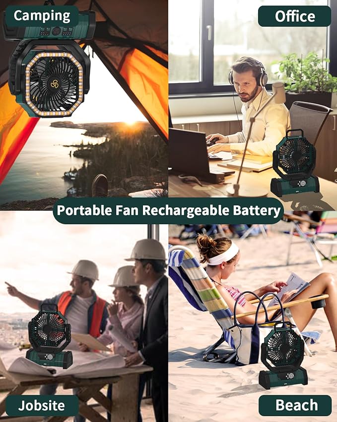 ADUST Camping Battery Operated Powered Fan with LED Lantern Light 20000mAh Rechargeable Portable, Oscillating Fan with 360° Rotation Hanging Hook for Tents, Cordless USB Desk Fan(Blackish Green)