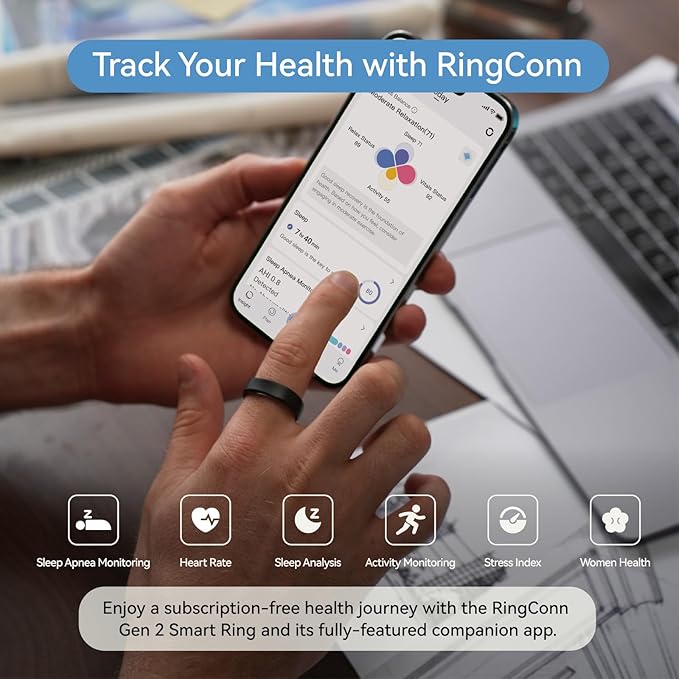 RingConn Gen 2, World’s First Smart Ring with Sleep Apnea Monitoring, No APP Subscription, 12-Day Battery Life, Stress/Heart Rate/Women's Health Tracker, Android & iOS Compatible (Black, Size 8)