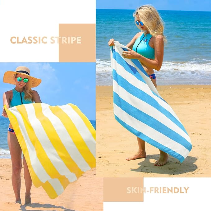 Exclusivo Mezcla 4 Pack Cotton Oversized 35x70 Inches Soft Cabana Stripe Thick Beach Towel, Super Absorbent Travel Bath Pool Towel (Sky Blue)