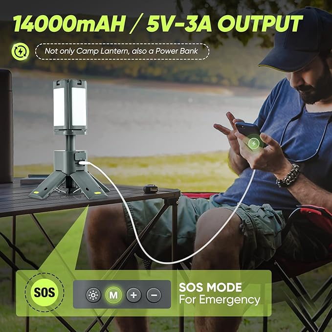 Portable Camping Light, 14000mAh Telescopic Camping Lantern with Rechargeable Power Supply, Dimmable Magnetic Tent Lamps 6000 Lumen Outdoor Work Lights for Hiking,Camping,Home Emergency