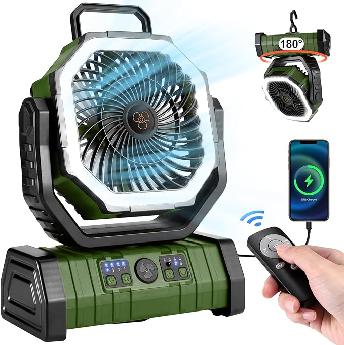 Odoland 30000mAh Camping Fan with LED Lantern, Rechargeable Battery Operated Oscillating with Remote Hook, Portable Tent Fan with Timer, 4 Speeds for Outdoor RV Jobsite Power Outage, Green