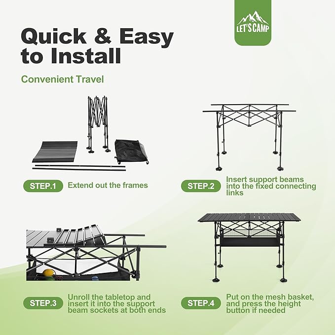 LET'S CAMP Folding Camping Table, Portable Aluminum Roll-up Picnic Backpacking Table with Adjustable Height, Large Storage and Carrying Bag for Picnic, Camping, BBQ, Party, Backyard, Beach