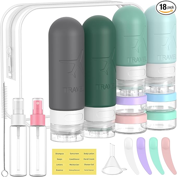 ME.FAN 18 Pack Travel Bottles for Toiletries, TSA Approved Travel Size Containers Set, Silicone Squeezable Portable Split Bottle, Travel Accessories for Conditioner, Shampoo, Lotion - Blue