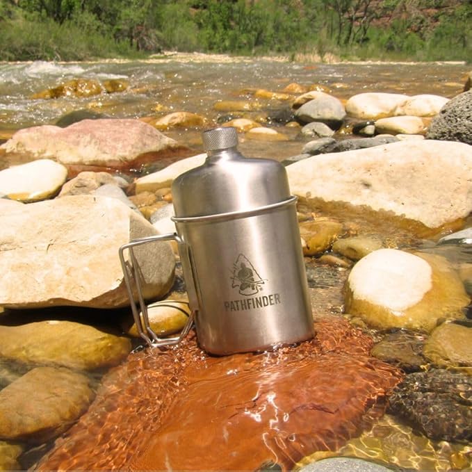 The Pathfinder School Stainless Steel Nesting Cup & M34 Scout Canteen - Survival Gear and Supplies - Bushcraft Gear Camping Essentials - Hiking Water Bottle - Camping Canteen- Backpacking Kit